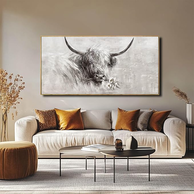 Farmhouse Wall Decor Framed Cow Artwork Grey Vintage Wall Art Canvas Flower Print Rustic Animal Pictures Style for Bedroom Dining Room 24x48 Inch