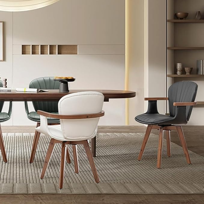 LUNLING Swivel Dining Chairs, Mid Century Modern White Faux Leather Kitchen Chairs with Arms,Bamboo Legs Side Chairs No Wheels,Accent Chair for Dining Rooms and Offices,1PCS