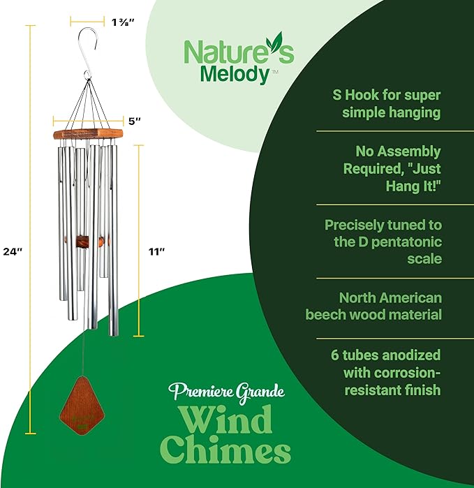 Nature’s Melody Premiere Grande Tunes Wind Chimes – Outdoor Windchime with 6 Tubes Tuned to E Pentatonic Scale, Rustproof Aluminum, Beech Wood & S Hook Hanger for Sympathy, Memorial Gift or Zen Garden