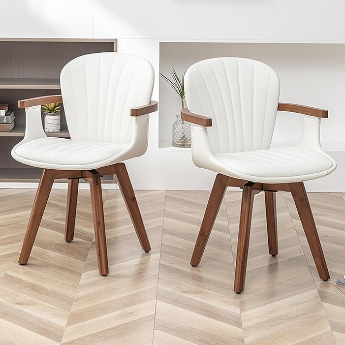 LUNLING Swivel Dining Room Chairs Set of 2,Mid Century Modern White Faux Leather Kitchen Chair with Arms,Bamboo Legs Side Chairs No Wheels,Accent Chair for Dining Rooms and Offices