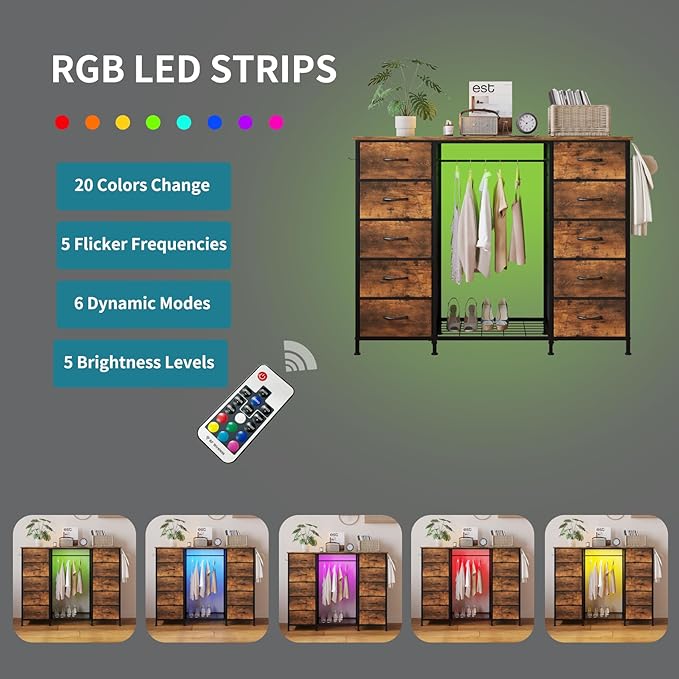 LUMTOK 55W 2-in-1 Dresser with Hanging Rack, 10 Drawers Dresser for Bedroom,Dressers with Fabric Drawers,LED Lights, Charging Station and Hanging Racks for Bedroom (Rustic Brown)