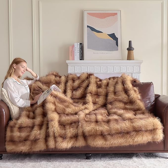 Fluffy Faux Fur Throw Blanket – Super Soft Warm Thick Plush Blanket for Bed, Couch & Office, Cozy Fuzzy Throw with Flannel Backing,50"x60", Brown