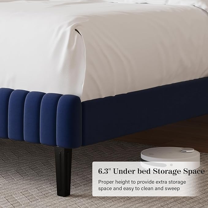 Twin Bed Frame, Velvet Upholstered Platform Bed with Vertical Channel Tufted Headboard and Footboard, No Box Spring Required, Easy Assembly, Blue