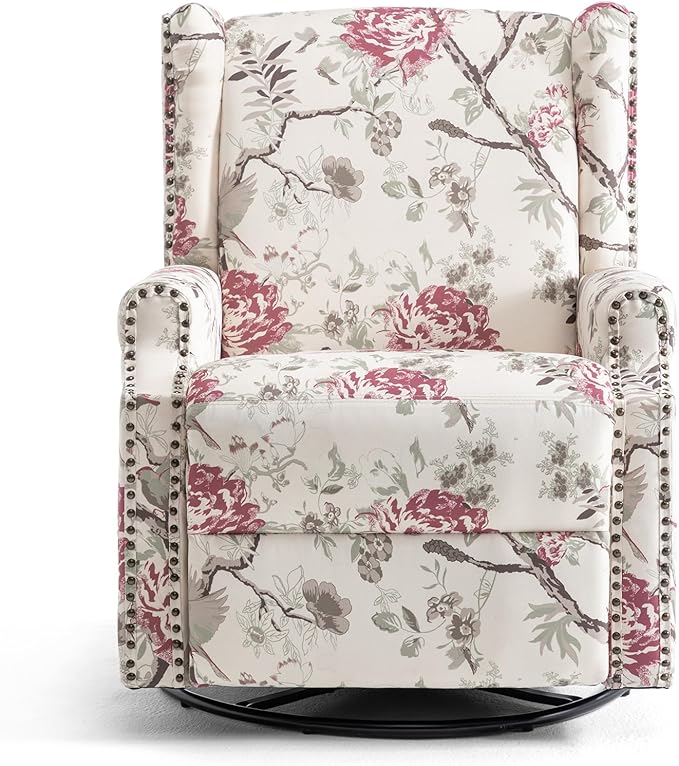 UIXE Swivel Rocker Manual Recliner Chairs Set of 2, Wingback Swivel Glider Fabric Nursery Reclining Sofa Chair, High Back Upholstered Arm Chair for Living Room Bedroom - Beige Floral