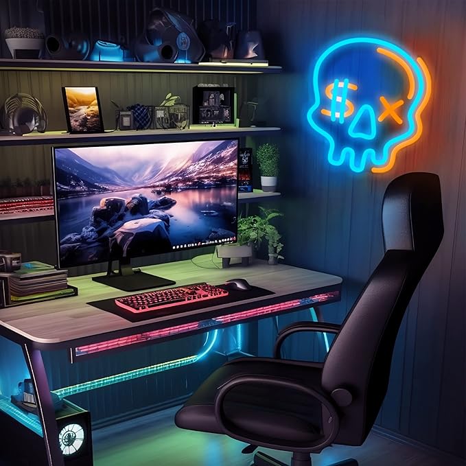 Eufrozy Halloween Neon Sign for Boys Room, Cool Skull Led Signs Kids Bedroom Decor, 6 Dimmable USB Powered Led Lights for Teenage Gamer Wall Decor Man Cave Gifts Blue Skeleton Decorations