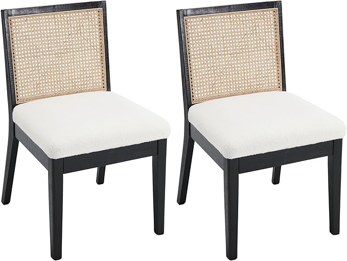 VESCASA Upholstered Dining Chairs with Square Rattan Back, Armless Padded Sherpa Fleece Cushion Dining Chairs with Wood Legs for Dining Room, Kitchen, Set of 2, Black Frame