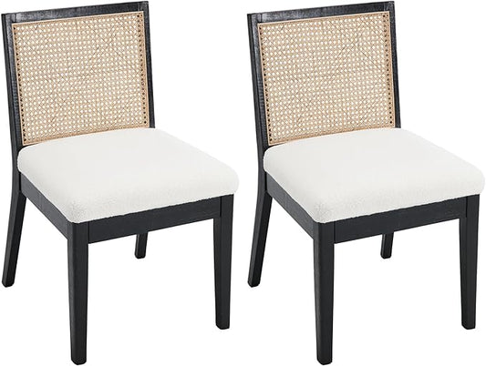 VESCASA Upholstered Dining Chairs with Square Rattan Back, Armless Padded Sherpa Fleece Cushion Dining Chairs with Wood Legs for Dining Room, Kitchen, Set of 2, Black Frame