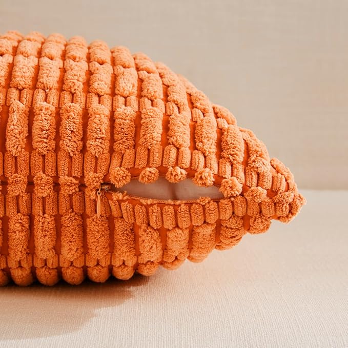 Fancy Homi 4 Packs Orange Fall Decorative Throw Pillow Covers 14x14 Inch for Couch Bed Sofa, Halloween Pumpkin Autumn Home Decor, Soft Cute Plush Corduroy Striped Cushion Case 35x35 CM