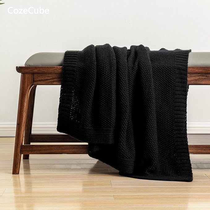 CozeCube Black Throw Blanket for Couch, Soft Cozy Cable Knit Throw for Bed Sofa Living Room, Lightweight Warm Decorative Farmhouse Christmas Blanket, 50"x60", Jet Black
