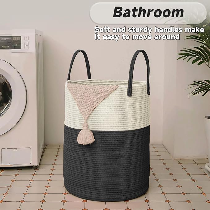 Large Woven Laundry Basket Hamper,100L Cotton Rope Storage Bin for Blankets,Toys and Clothes,Decorative Tall Nursery Hamper for Living Room,Baby Nursery,Bathroom and Bedroom,White and Black