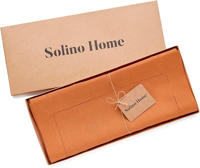 Solino Home Linen Hemstitch Table Runner 108 Inches Long - 100% Pure Linen Pumpkin Table Runner 14 x 108 Inch for Fall, Autumn, Halloween, Thanksgiving - Classic Hemstitch