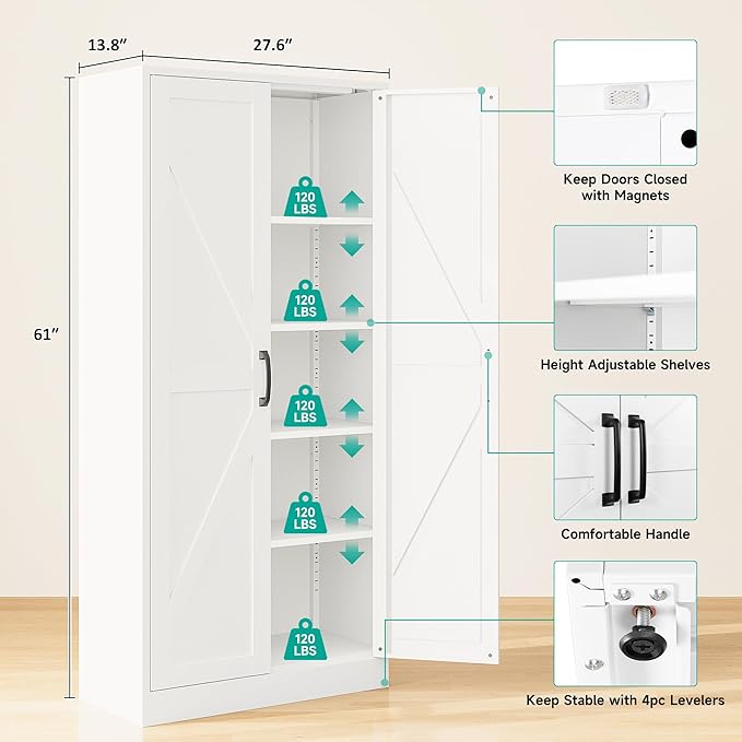 SISESOL Metal Storage Cabinet with 2 Doors and 5 Shelves,61 inch White Pantry Storage Cabinet,Large Farmhouse Pantry Cupboard for Home,Kitchen,Dining/Living Room