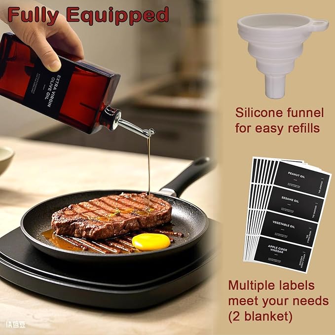 Olive Oil Dispenser Bottle for Kitchen, UV-Protected Dark Glass 16.9oz, Oil and Vinegar Dispenser Set, Soy Sauce Dispenser, Coffee Syrup Bottles- 16.9oz, Set of 2