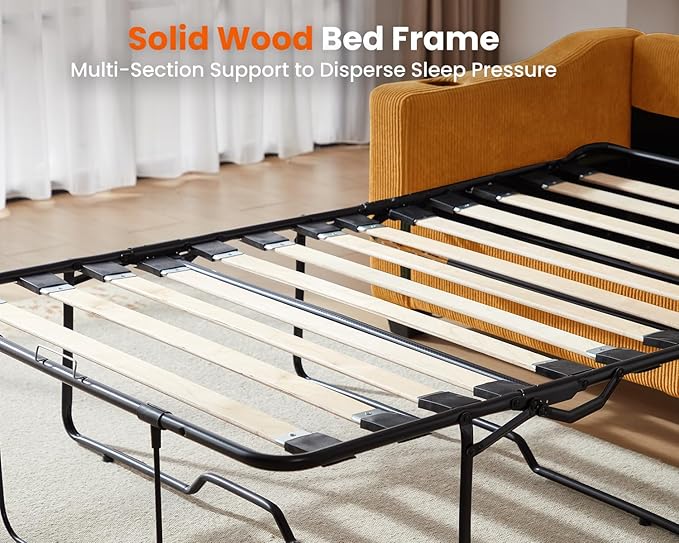 Pull Out Sofa Bed, Full Size Sleeper Sofa, 2-in-1 Convertible Corduroy Couch with USB Charging, Memory Form Couch for Living Room, Apartment and Small Space (Mustard Yellow, Corduroy - Queen Size)