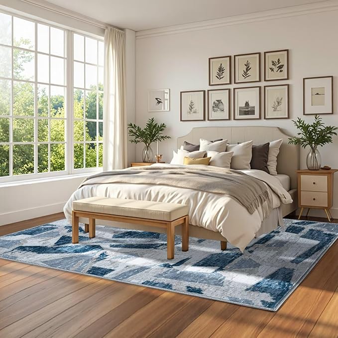 Modern Abstract Blue 8X10 Area Rug for Living Room Bedroom Washable, with Non-Slip Rubber Backing Print Faux Wool Thin, Throw Large Carpet for Kids Playroom Dining Room Pet & Child Friendly