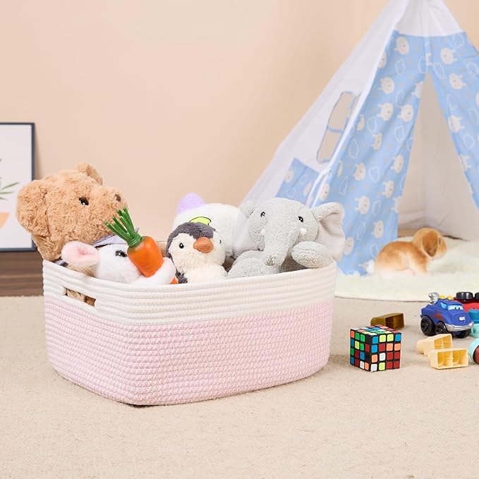 Large Storage Baskets for Shelves, Closet Organizers Bins for Clothes Blanket Towels, Baby Nursery, Toy Baskets Box, Woven Rope Baskets, 17 x 13 x 7.5”, 3 Packs Woven Pink