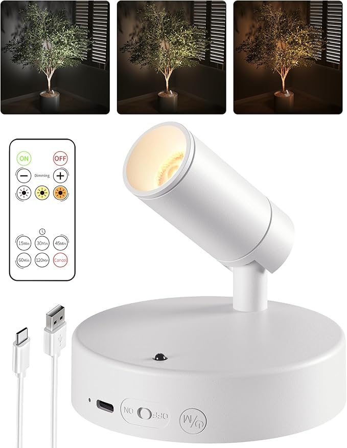 EZVALO Battery Powered LED Spotlight Indoor, Wireless Picture Lights with Remote,5500mAh Rechargeable Mini Display Light, Uplighting Indoor for Artwork Tree Painting Portrait (white-1Pack)