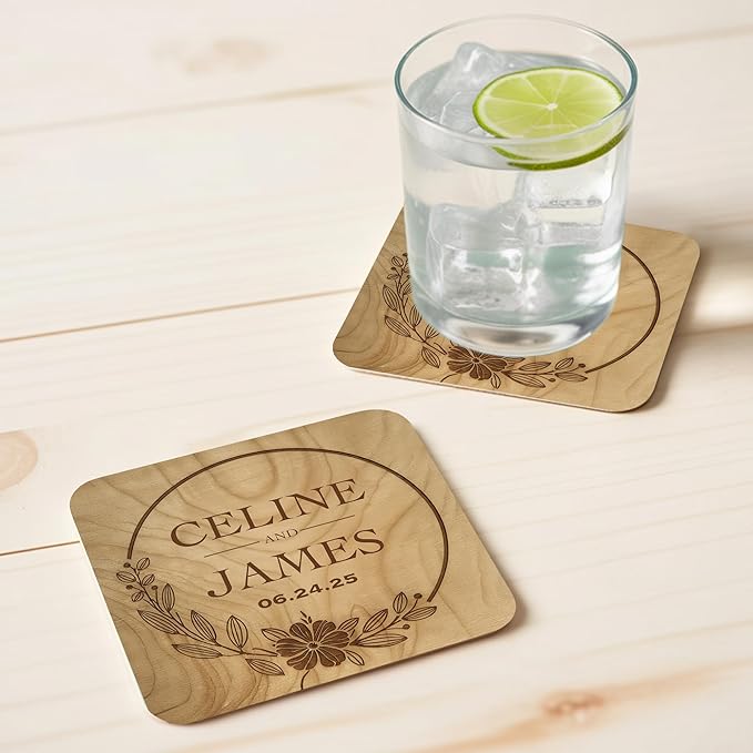 60 Pack Personalized Wedding Coasters, Custom Cardboard Coasters for Drinks with Photo Print and Text, Keepsake Wedding Favors and Gifts for Couples, 4x4 Square, Design 2