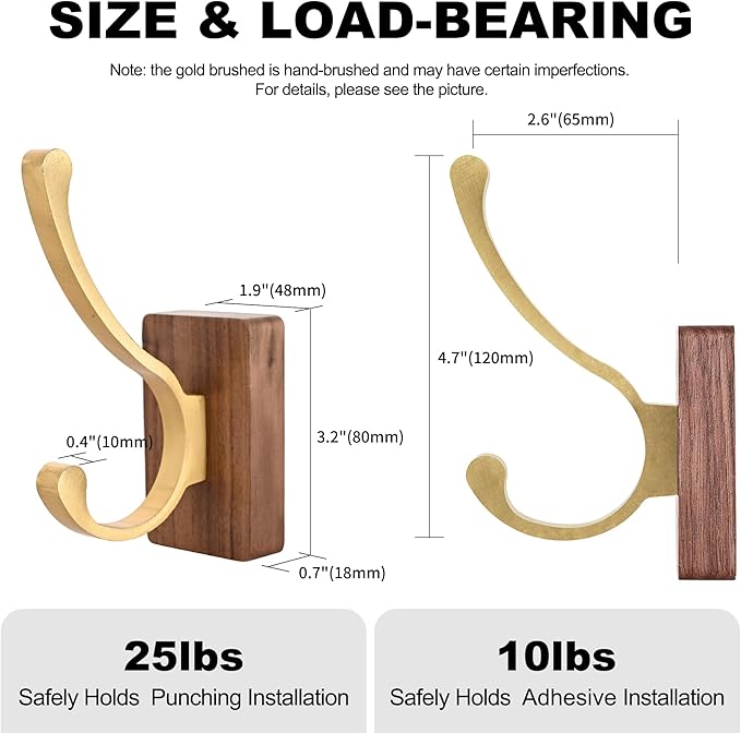 4 Pack Wooden Wall Hooks for Hanging, Adhesive Mounted & Wall Mount Nature Wood Coat Hook for Towel Clothes Blanket Hat Backpack Robe Nursery Door Board Entryway Key Holder Brushed Gold