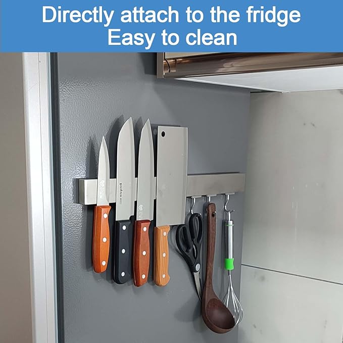 16 Inch Magnetic Knife Holder for Refrigerator - Knife Magnetic Strip for Fridge with Magnetic Hooks - Double Sided Magnetic Knife Bar - Stainless Steel Kitchen Magnetic Knife Hanger Rack