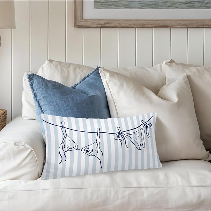 Coastal Beach Girly Room Decor 12x20 Pillow Cover, Preppy Beach Navy Blue Bikini Striped Decorative Lumbar Pillow Covers for Girls Bedroom College Dorm Sofa Couch