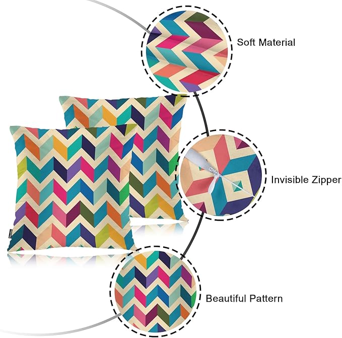 Swono Chevron Stripes Set of 2 Square 18x18 Inch Throw Pillow Cover Rainbow Zig Zag Herringbone Waves Soft Pillowcases Pillow Cushion Covers for Home Sofa Couch Bench Living Room Car Decoration