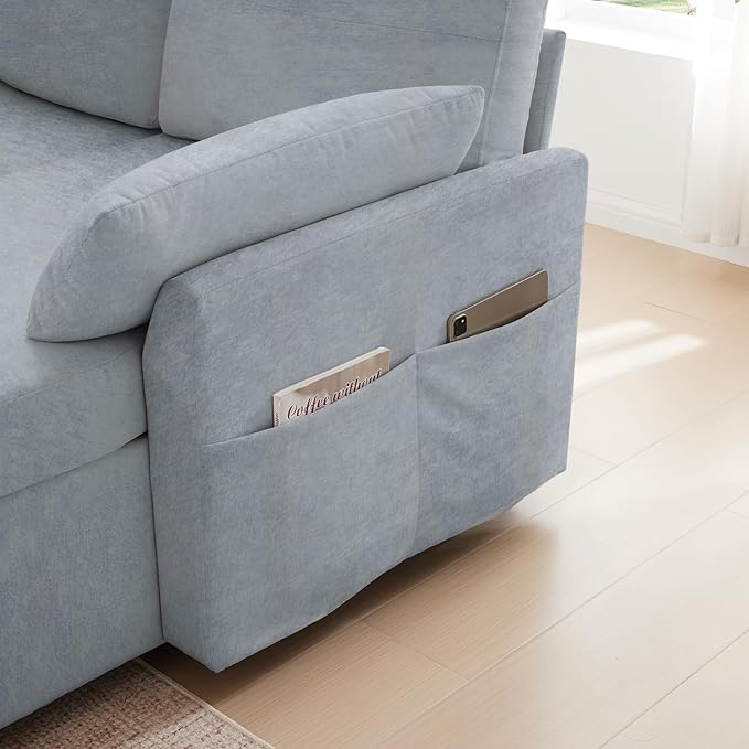 Waxberry Sectional Sofa Couch, Pull Out Couch Sleeper Sofa Bed with Storage for Living Room, Reversible Chaise, Side Pockets & Dual USB/Type-C Ports, Includes 1 Blanket, Grey