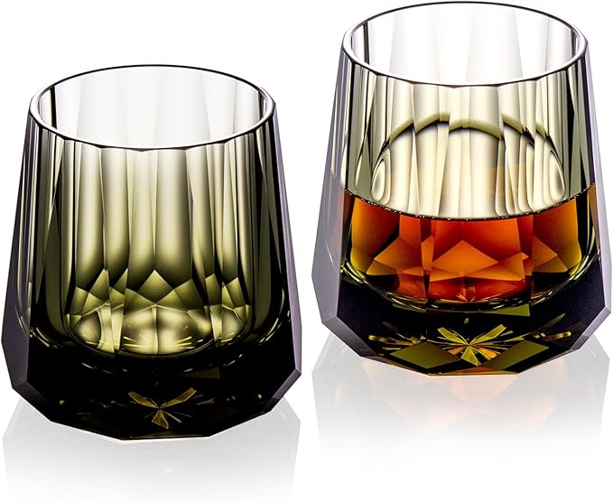 KAMMAK Crystal Whiskey Glasses Set of 2, Handcrafted 6.76oz Old Fashioned Glasses Stemless, Luxury Cocktail Glasses, Hand Blown Scotch Cup for Women, Men Gift for Rocks, Bourbon, Bar Barware