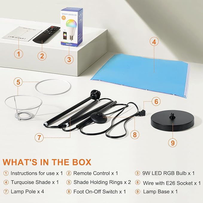 FRIDEKO HOME Floor Lamp for Bedroom, Tall Standing Lamps for Living Room, Modern Corner Floor Lamps for Living Room, 3CCT&Brightness Dimmable, 800 LM, RGB Smart Bulb, Foot Switch, Turquoise Lampshade