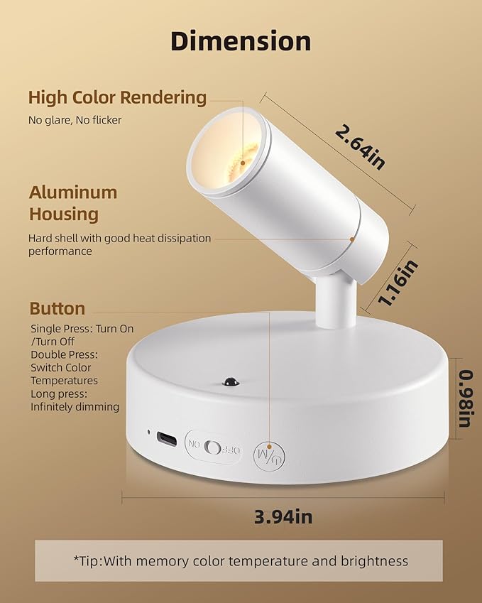 EZVALO Battery Powered LED Spotlight Indoor, Wireless Picture Lights with Remote,5500mAh Rechargeable Mini Display Light, Uplighting Indoor for Artwork Tree Painting Portrait (white-1Pack)