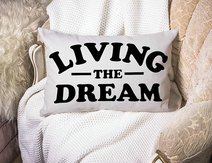 Living The Dream Waist Lumbar Cotton Linen Throw Pillow case Cushion Cover for Sofa Home Decorative Oblong 12x20 Inches