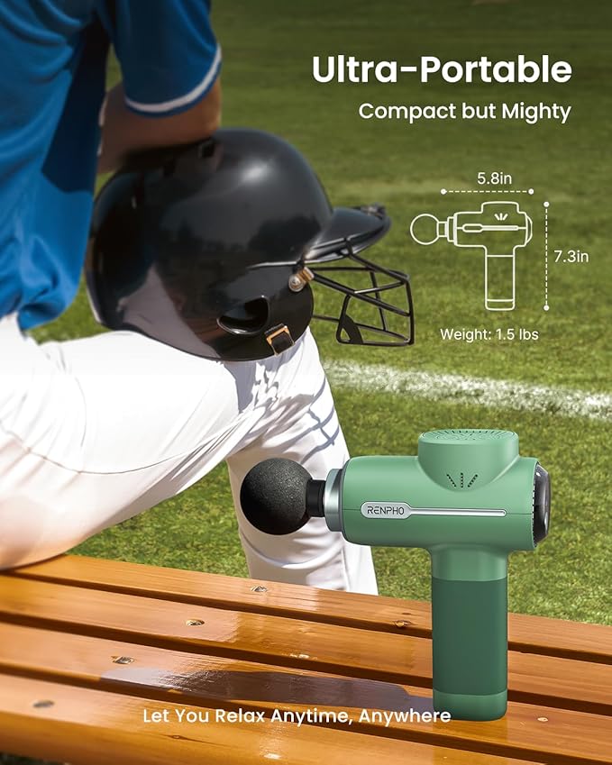 RENPHO Massage Gun Deep Tissue, Portable Percussion Massager for Back and Neck, Gifts for Men and Women, Handheld Device with Carry Case, Active Green