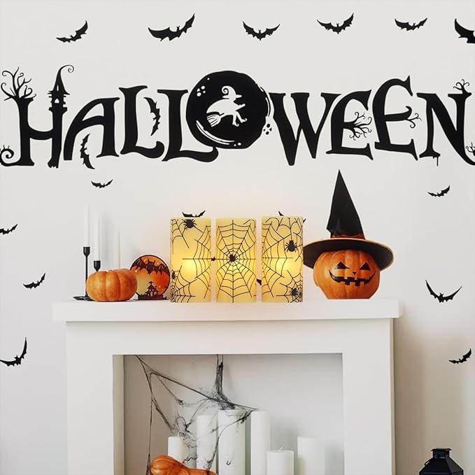 Wondise Halloween Flickering Flameless Candles with Spider Decals, Battery Operated Candles with 6hrs Timer, Real Wax Halloween LED Candles for Horror Spooky Halloween Home Decoration(Set of 3, 3"x6")