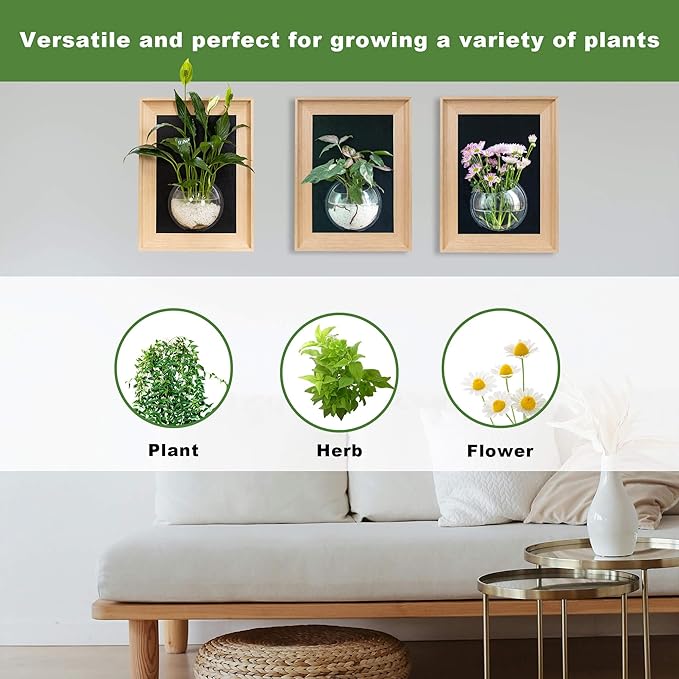 Natural Wooden Frame Wall Hanging Planter for Hydroponic Plants, 12'' x16''inch Wall Vase with Round Acrylic Propagation Station，Bathroom, Office, or Living Room Décor, Set of 3