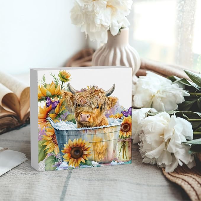 Highland Cow Funny Bathroom Decor, Highland Cow Gifts, Highland Cow Decor,Highland Cow Nursery Decor,Wooden Box Decor Sign for Home Farmhouse Office Living Room Table Shelf Tiered Desk