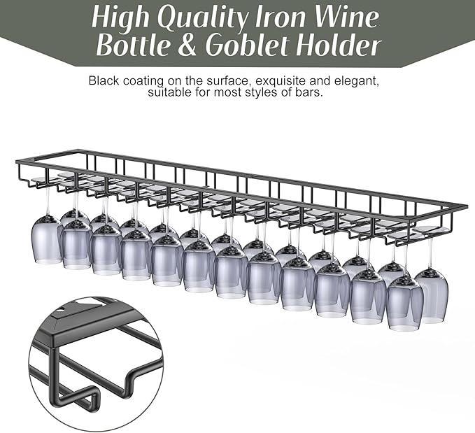 Xverycan Wine Glass Rack Under Cabinet, 12 Row Extreme Large Stemware Hanger, Metal Wine Goblet Holder, DIY Bar Glass Storage Rack for Bar Counter, Kitchen, Screws Included
