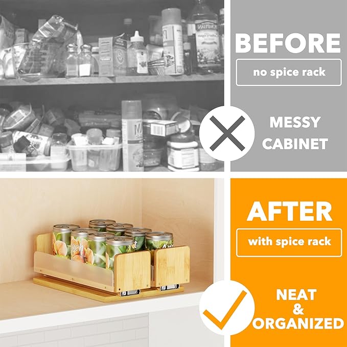 SpaceAid Bamboo Pull Out Spice Rack Organizer for Cabinet, Heavy Duty Slide Out Seasoning Kitchen Pantry Sliding Vertical Organization, 7.3" Wide, 2 Drawers(3" Wide), 1-Tier, Natural