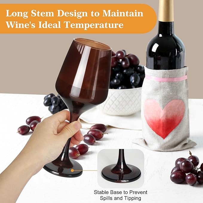 Brown Wine Glasses Set of 6-14oz Long Stem Wine Glass, Pretty Crystal Glassware, Hand Blown Goblets Drinkware, Unique Stemware Wine Glass Holiday Gift Set