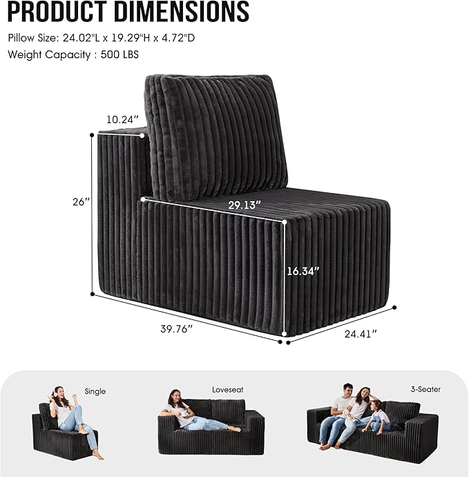 Single Sofa 1 Seat Couch with Deep Seat Memory Foam Cloud Chair with Pillows Large Sofa with L Shape for Living Room Bedroom (Strip Grey, Single)