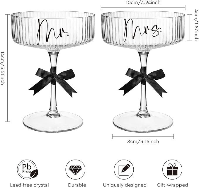 Ribbed Coupe Glasses for Anniversary Engagement Wedding Bridal Shower Gifts for Couple, Crystal Martini Glasses Set of 2, 10 Oz Vintage Wedding Mr and Mrs Champagne Flutes, Margarita Cocktail Glasses