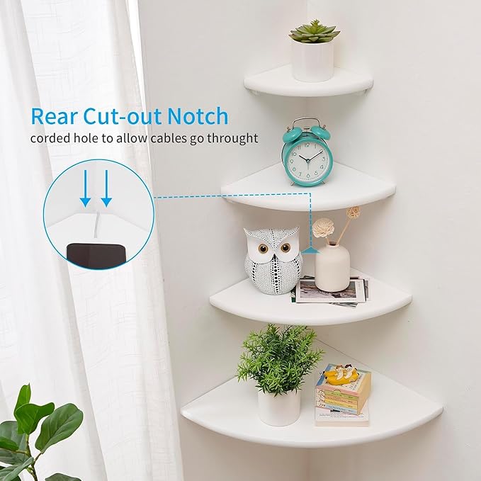 Corner Shelves, Floating Corner Shelf, Set of 2 Solid Oak Wood Wall Shelves, Round End Wall Mount with Wire Hole Shelving for Small Plant for Bedroom Kitchen, Living Room (White, 7.1in 2P)