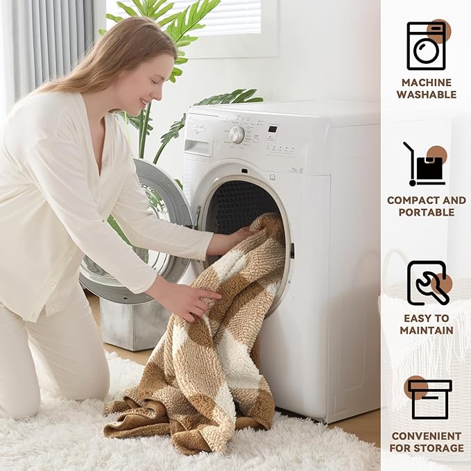 LURKA Checkered Sherpa Fleece Twin-Size Bed Blanket - Extra Thick and Warm Winter Soft Fuzzy Plush Blanket for Couches, Beds & Pets, Brown, 60x80 Inches