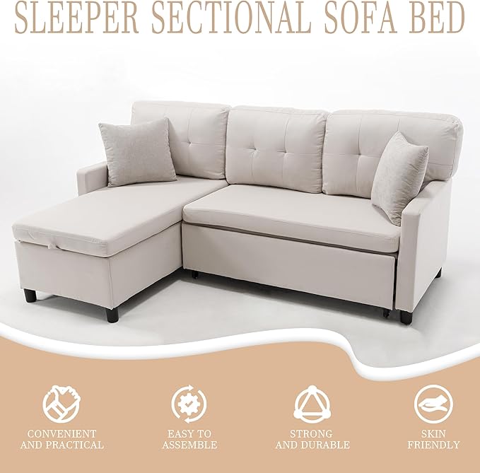 Pull Out Couch, Oversized Sleeper Sofa Couch, Sectional Sleeper Sofa Bed for Living Room Bedroom Lounge (Beige, 73 Inch)