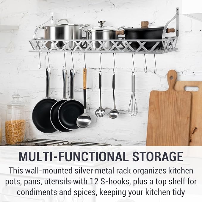 MyGift Wall Mounted Silver-Tone Metal Hanging Kitchen Pots, Pans and Utensils Storage Cookware Rack with 12 Removable S-Hooks and Top Display Shelf for Condiments Spice Rack