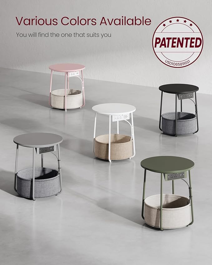 VASAGLE Side Table with Charging Station, Round End Table with Fabric Basket, Nightstand with Power Outlets, USB Ports, for Living Room, Bedroom, Modern, Dove Gray and Slate Gray ULET228G01