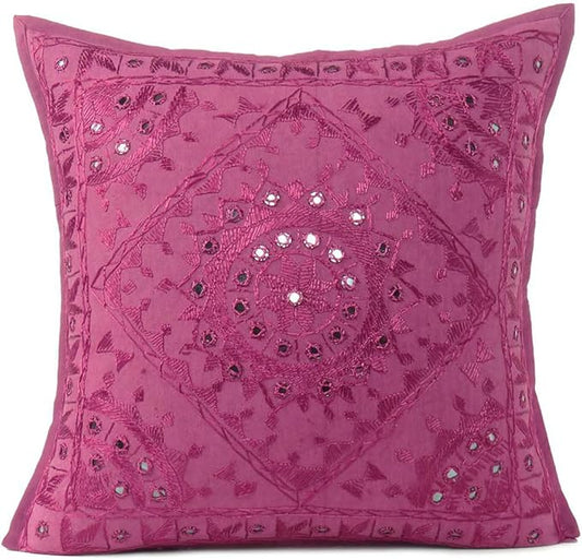 Eyes of India Embroidered Decorative Boho Throw Pillow Cover with Mirrors, Handmade Bohemian Accent Cushion Case for Sofa Couch Bedroom Living Room (Burgundy, 16" x 16")