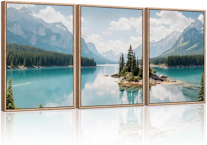 HLNIUC Large Mountain Lake Framed Canvas Wall Art Set,Beautiful Nature Landscape Wall Decor,Lake Forest and Mountain Scenery Art Print,Modern Scenic Wall Painting for Living Room,Bedroom - 16”x24”x3