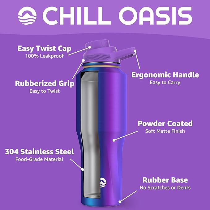 Chill Oasis Water Bottle | Compatible With Popular Flavor Cartridges | BPA Free, Leak Proof, Double-Walled Vacuum Insulated Stainless Steel, and Dishwasher Safe | Cold for 24 Hours (Aura, 32oz)