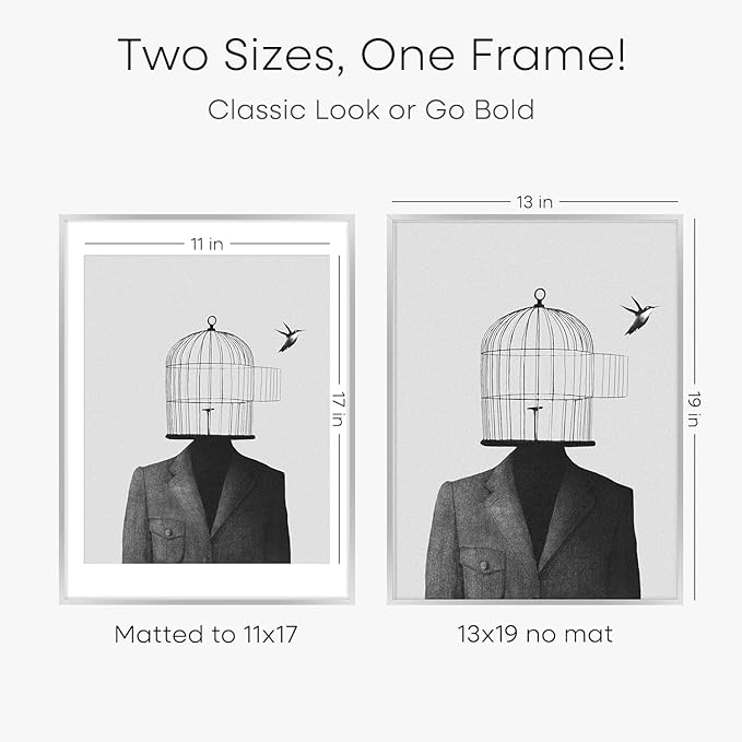 Homeforia 13 x 19 Frame Silver, High End Metal 13 x 19 Picture Frames with Mat 11 by 17 Photo, 13x19 Silver Poster Frame Matted to 11x17 Print, 19x13 Hanging Frames, Tempered Glass, Wall Kit, Set of 1