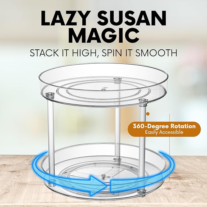 Clear Lazy Susan Organizer, Rotating Kitchen Pantry Organization and Storage, Medicine Cabinet Organizer, Lazy Susan Turntable Organizer for Cabinets, Bathroom, Refrigerator, Dresser, Spice Organizer